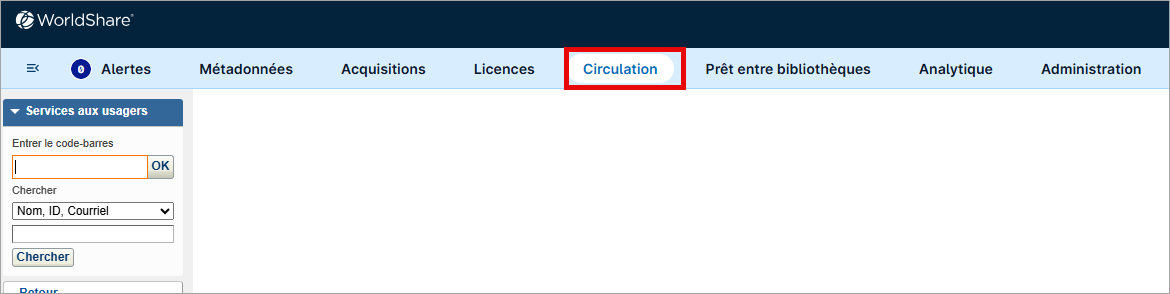 Capture d'écran de l'interface utilisateur de WorldShare avec le module Circulation mis en évidence par un cadre rouge