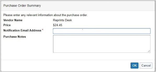 (ENGLISH COMMENT) Screenshot of the Purchase Order Summary dialog box in Tipasa