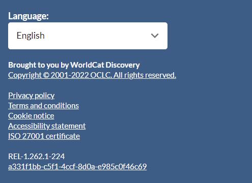 Bas de page de WorldCat Discovery affichant l'ID de demande  unique que les bibliothèques doivent envoyer lorsqu'elle signalent un problème.