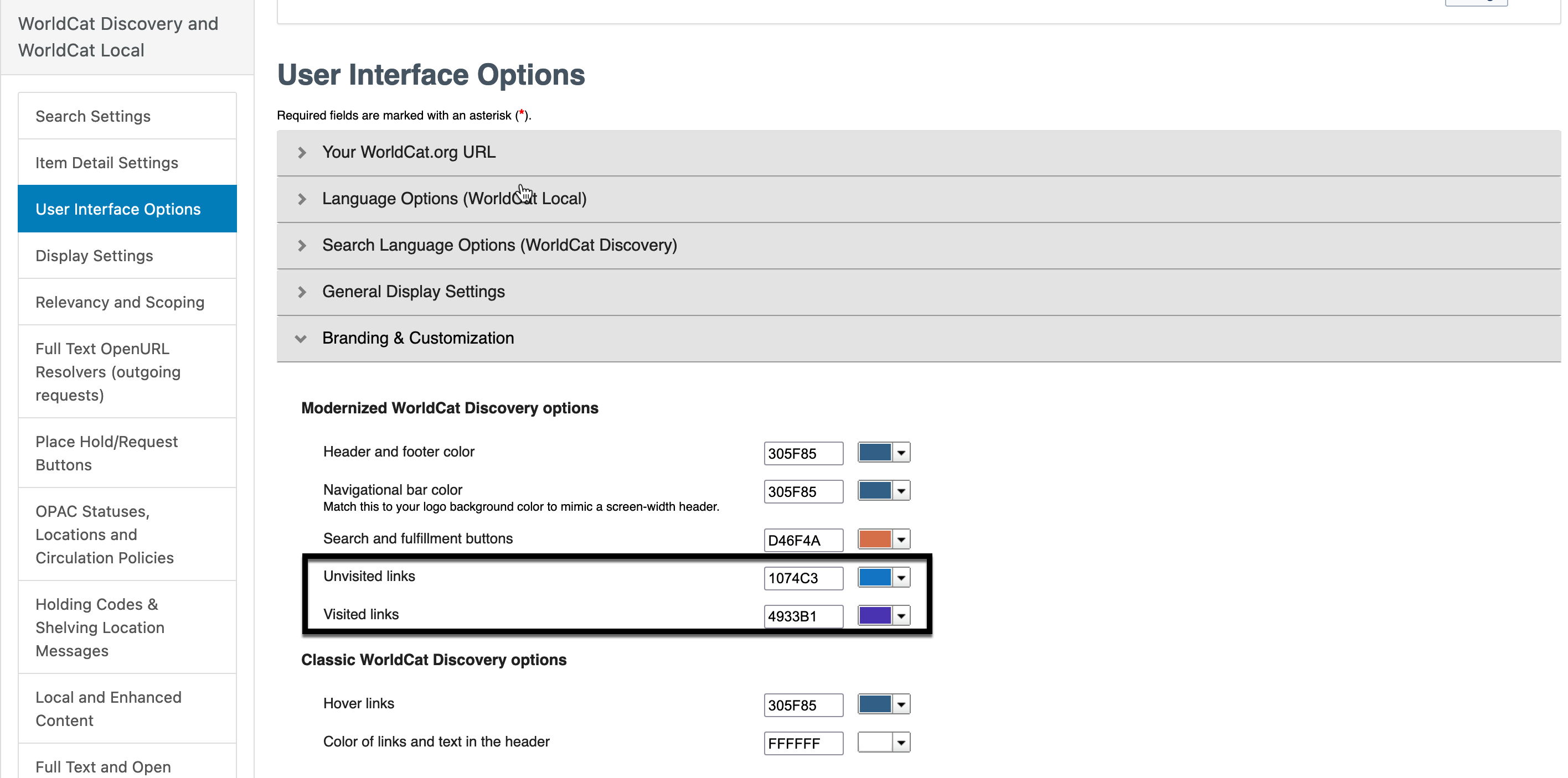 Capture d'écran de Configuration des services affichant les paramètres de couleur recommandés pour les liens visités et non visités.