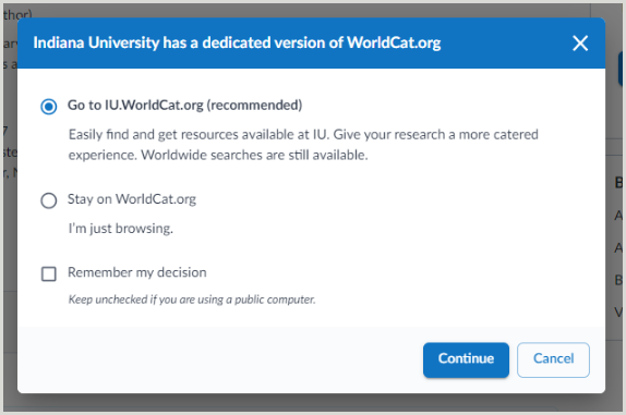Fenêtre de redirection de WorldCat.org