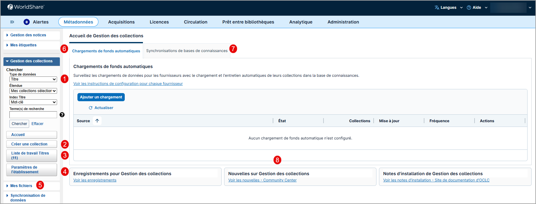 Capture d'&eacute;cran de l'interface Gestion des collections WorldShare