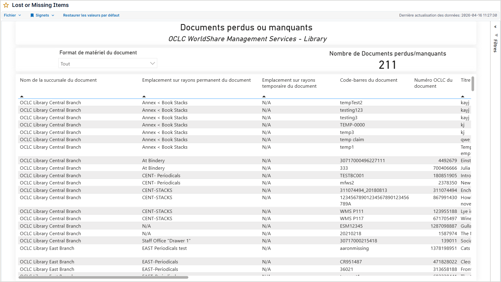 Capture d'&eacute;cran du rapport Documents en retard dans Rapports WorldShare dans Power BI.