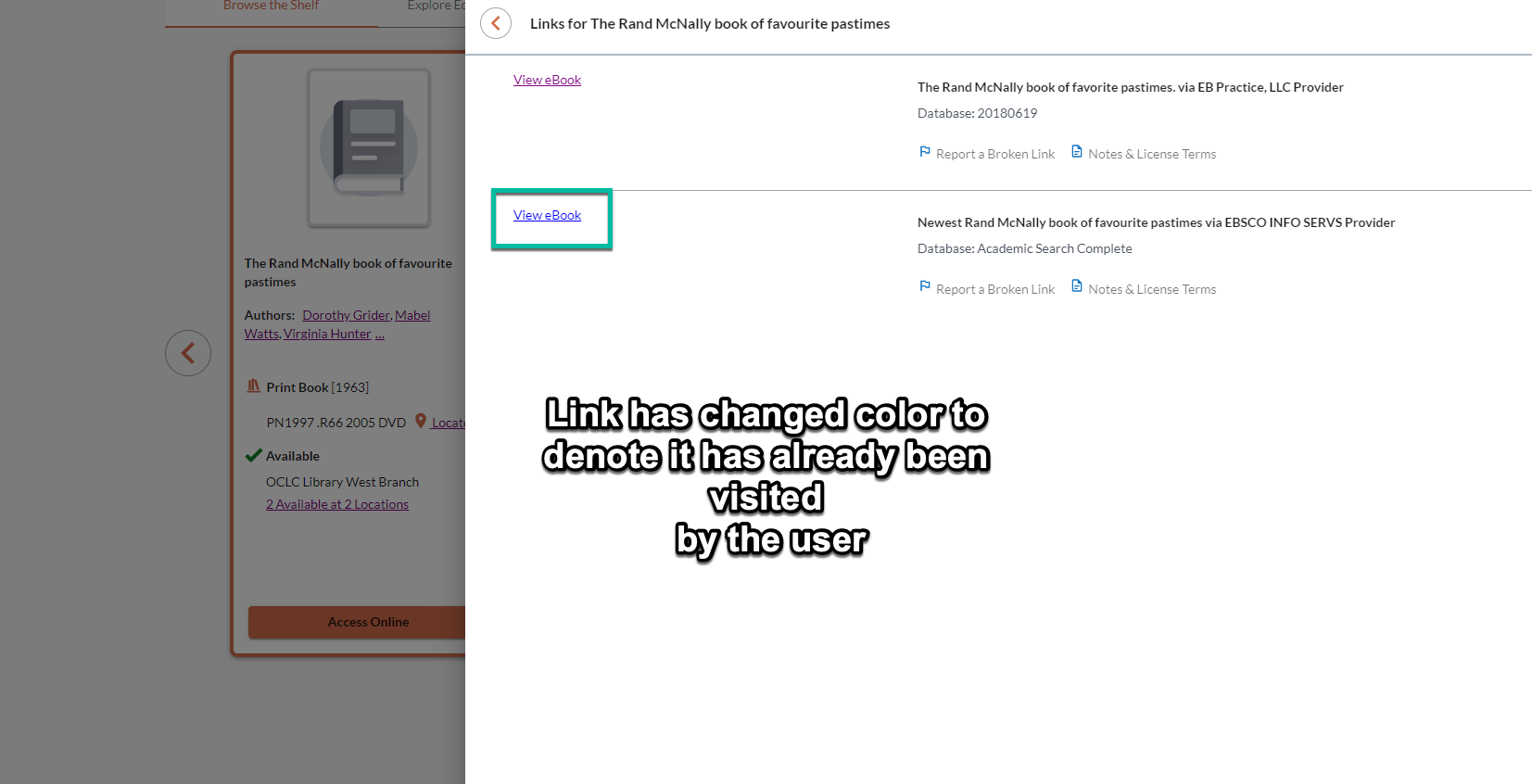 Capture d’écran de la section contenant des liens d’accès avec un lien déjà visité s’affichant dans une couleur différente des liens non visités. 