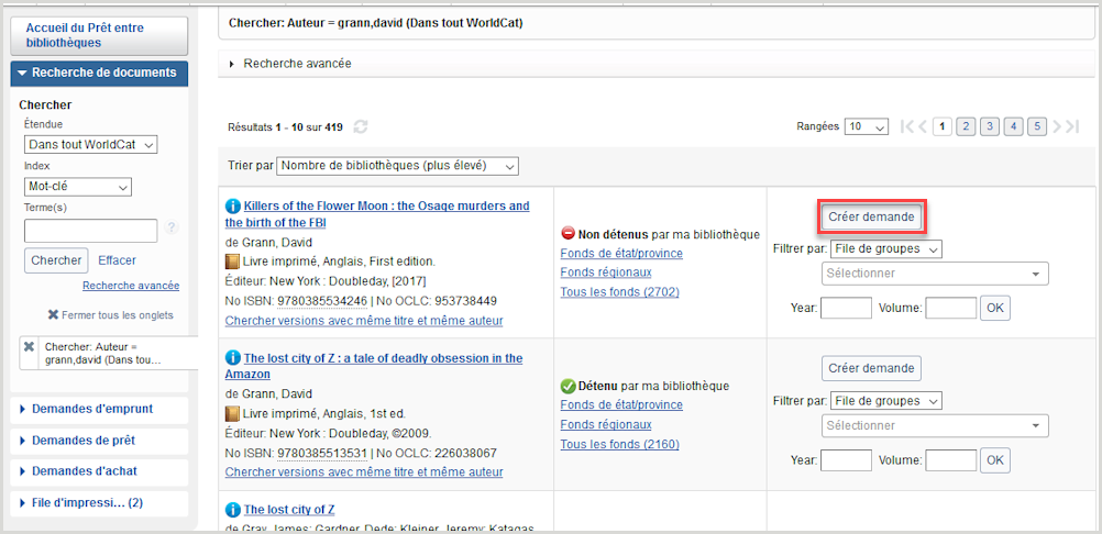 (ENGLISH COMMENT) Screenshot of the WorldShare Interlibrary Loan interface with the Create Request button called out
