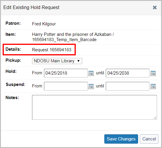(ENGLISH COMMENT) Screenshot of Existing Hold Request dialog box calling out