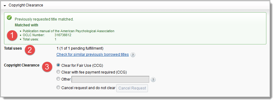 (ENGLISH COMMENT) Screenshot of the Copyright Clearance section in a copy request with sections identified by number
