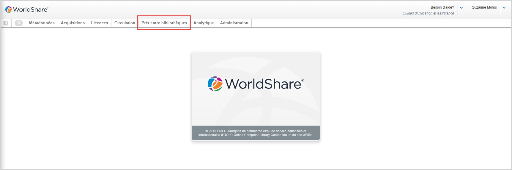 (ENGLISH COMMENT) Screenshot of the WorldShare interface with the Interlibrary Loan module called out
