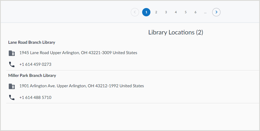Écran Bibliothèques - Voir les emplacements des succursales d'une bibliothèque